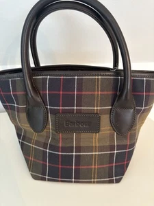 🌟Barbour Green Tartan Leather Trim Small Cotton Tote Bag, New🌟 - Picture 1 of 8