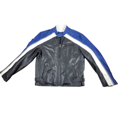 Wilsons Leather M. Julian Mens Motorcycle Jacket Large Black Blue White Stripes - Image 1 of 4