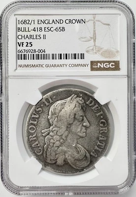 1682/1 ENGLAND CROWN BULL-418 ESC-65B CHARLES II VF25 NGC Silver Coin KM# 445.1 - Image 1 of 2