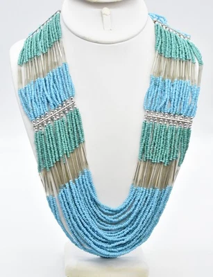 Collar Multihilo Vidrio Cilindro Cuentas Semilla Turquesa y Aqua Tono Plata 25" Foto 1 de 3
