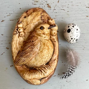 Vintage MJC Plaster Wall Plaque Robin Bird 1940 - 1950 Signed Wood Effect Boho - Picture 1 of 6
