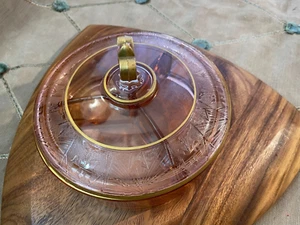 Fostoria Pink Etched 3 part Lidded Candy Dish Fleur di Lis Finial Lid Gold Trim - Picture 1 of 9