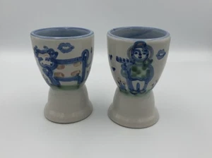 M.A. Hadley Pottery Egg Cup Pair Blue Double Egg Holder Country Scene Cow Farmer - Picture 1 of 8