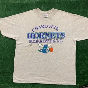 Vintage 1990s Charlotte Hornets Basketball Logo NBA Sports Baggy Gray T-Shirt - Picture 1 of 5