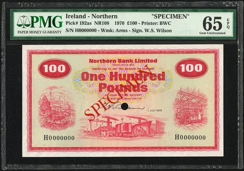 North Ireland 100 Pounds 1970 Pick 192as Specimen PMG Gem UNC 65 EPQ Cover