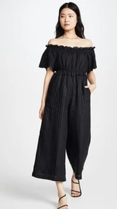 Joie Linen Ruffle Short Sleeve Off Shoulder Jumpsuit Pants Black Small - Picture 1 of 9