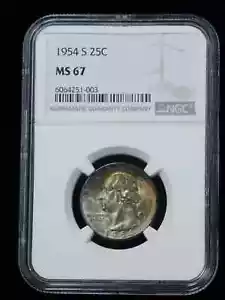 1954-S 25c Washington Silver Quarter - NGC MS67 w/ Rainbow Toning - Picture 1 of 4
