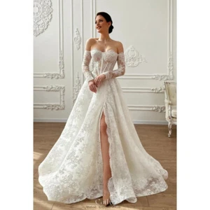 Brautkleider weiß Blumen Spitze Langarm trägerlos Seitenschlitz Sweep Schleppe - Bild 1 von 9