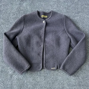 Chaqueta de lana hervida Geiger para mujer 36 azul marino sin cuello hecha en Austria tirolesa - Imagen 1 de 10