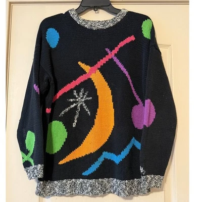 Retro 80s Esprit Geo Design Black Knit Sweater, Size M - Image 1 of 4