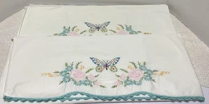 Vintage Hand Embroidered Crochet Pillow Cases (2) Butterfly Flowers 28 X 20~READ - Picture 1 of 9