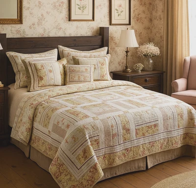 DaDa Bedding Collection Floral Patchwork Cotton Quilt - Rustic Wooden Headboard - Image 1 of 4