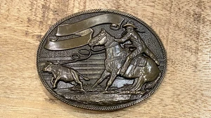 Vintage massiv Messing Rodeo Cowboy Kalb Seil Gürtelschnalle - Bild 1 von 5