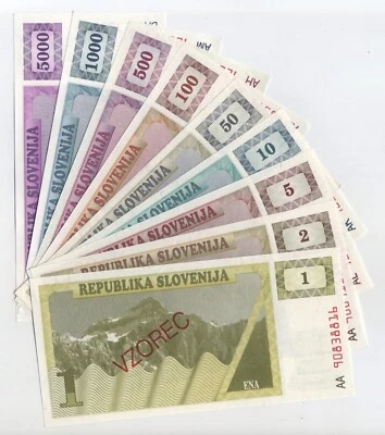 Slovenia Set 1-100 & 500-5000 Tolarjev 1990-91 P VZOREC UNC Banknotes Not 200 - Image 1 of 2