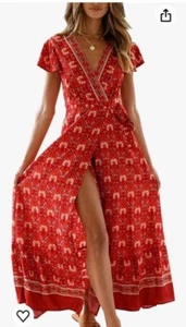 Pretty Garden S Red Floral Wrap Waisted Dress Split Short Sleeve VNeck Maxi - Picture 1 of 11