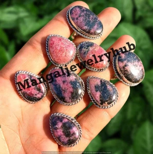 A+ Rhodonite Gemstone 10PC Rings 925 Sterling Silver Plated Handmade Jewelry Lot - Picture 1 of 6
