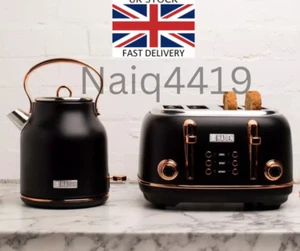 Haden Heritage Retro Rapid Boil Kettle & Matching Black & Copper 4 Slice Toaster - Picture 1 of 11