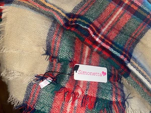SIMONETTA ACRYLIC BLANKET SCARF  NWT  56 IN X 56 IN     red, green, navy & beige - Picture 1 of 3