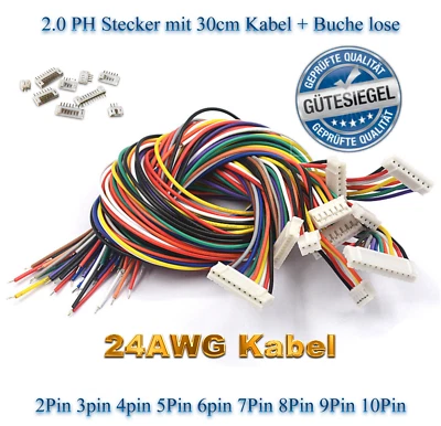 Micro JST 2.0 PH Stecker inkl. 30cm Kabel + Buchse Lose  2 3 4 5 6 7 8 9 10 Pin - Bild 1 von 4