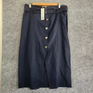 Sussan Skirt Womens Size 12 Navy Blue Linen Cotton Midi Button Split Belted New - Picture 1 of 10