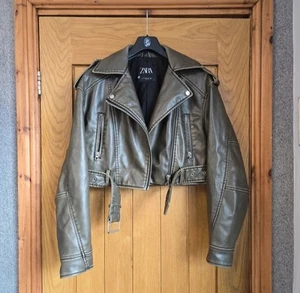 ZARA KHAKI FAUX LEATHER CROPPED JACKET SIZE XS 6 8 10 12 - Picture 1 of 4