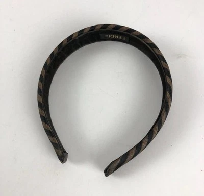 Fendi Logo Pequin Patterned Headband Hair Accessory Brown Black Canvas Women's - Image 1 of 4