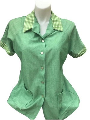 Camisa De Colección Años 70 JCPenney Poli Para Mujer Abotonada Manga Corta Verde Guinga Med Trabajo Foto 1 de 4