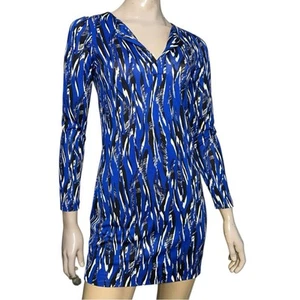 Diane Von Furstenberg Women’s Size 0 Blue Black Long Sleeve 100% Silk Dress - Picture 1 of 9