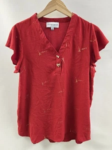 Alex & Parker Shirt Damen Large Rot Paris Eiffelturm Herz Knöpfe Love Print - Bild 1 von 10