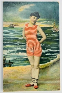 Antike Postkarte 1908 New London Connecticut Dame im Badeanzug alte Postkarte - Bild 1 von 4