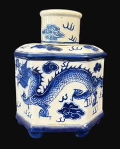 "Carrito de té chino de porcelana vintage azul blanco dragón con tapa 6,5""" - Imagen 1 de 5