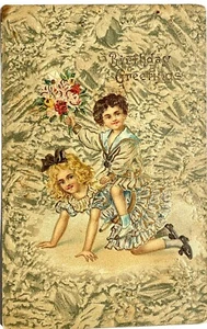 Birthday Greeting Postcard Victorian Girl and Boy Playing Horsey Ride - Picture 1 of 3