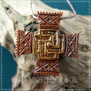 Ukrainischer Hutsulkörper Holz handgeschnitztes Kreuz mit Bronzeeinsatz - Bild 1 von 7