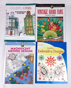 Mixed Lot of 4 Adult Coloring Books: Cities, Vintage Fans, Mehndi,Embroidery - Foto 1 di 6
