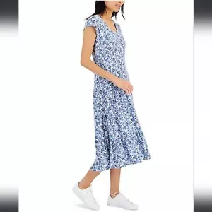 Tommy Hilfiger Blue & White Tiered Floral Midi Dress Round Neck Pullover Small - Picture 1 of 13