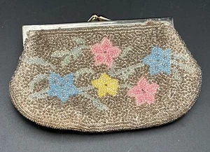 Silver Hand Made Micro Beaded Coin Purse Flowers Kiss Lock Art Nouveau Flowers - Picture 1 of 18