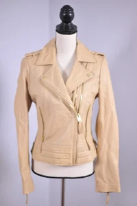 Michael Kors Leather Moto Jacket Light Tan/Beige Women's Medium M - Picture 1 of 4