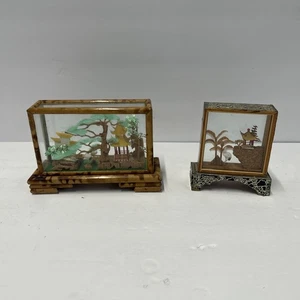 2 Vintage Chinese San You Cork Art Hand Carved Dioramas Crane Trees Rare - Bild 1 von 7