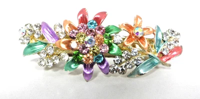 Vintage Barrette Large Harlequin Enamel Rhinestone Flower Stem Hair Clip 3.5" - Image 1 of 4
