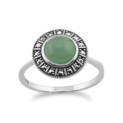 Arte Stile Déco Giada Verde Cabochon & Marcasite Halo Anello IN Argento Sterling - Immagine 1 di 4