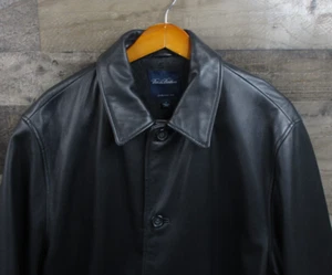 Brooks Brothers Leather Jacket Men Large Black Car Coat Wool Lined Collared Soft - Picture 1 of 13