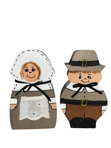 Vintage Hand Painted Carved Wooden Wood Thanksgiving Pilgrims Boy Girl Figure - Picture 1 of 9