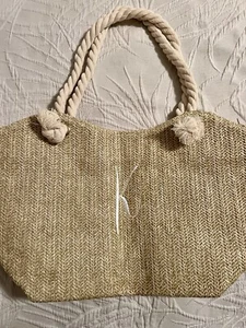 Monogrammed Initial “K” Woven Straw Shoulder Purse Natural Tote Bag Beach Cruise - Picture 1 of 2