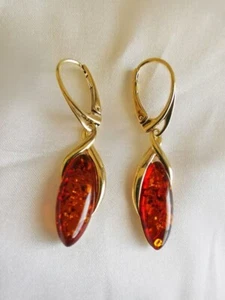 Natural Authentic BALTIC AMBER 925 Sterling Silver Drop Gold Plated Earring Gift - Imagen 1 de 3
