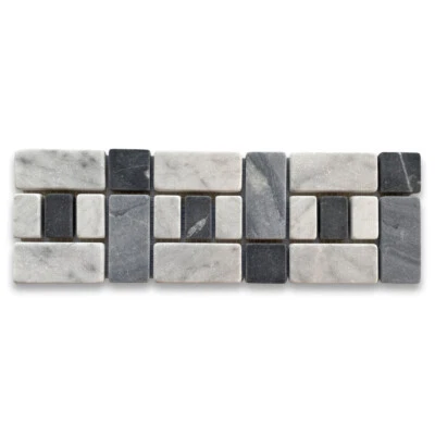 C95BT Tumbled Carrara Venato Carrera Marble 4x12 Listello Tile Mosaic Border - Image 1 of 4