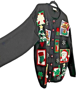 Rudolph Yarnworks women's ramie+cotton black cardigan ugly christmas sweater XL - Picture 1 of 6