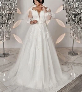 Abito da sposa pizzo abito da sposa linea A 46-60 taglie forti avorio manica lunga lacci - Foto 1 di 6