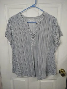 Van Heusen Woman L Blouse V Neck Casual Minimalist Lagenlook Boho SS Black White - Picture 1 of 8
