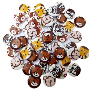 50 Pcs Mixed Cartoon Animal Paintings Wooden Buttons Sewing Crafts - Picture 1 of 6