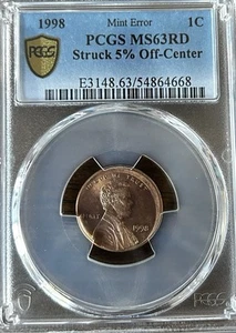 OFF-CENTER FULL DATE 1998 MINT ERROR Lincoln penny/PCGS certified. 5% off center - Picture 1 of 7